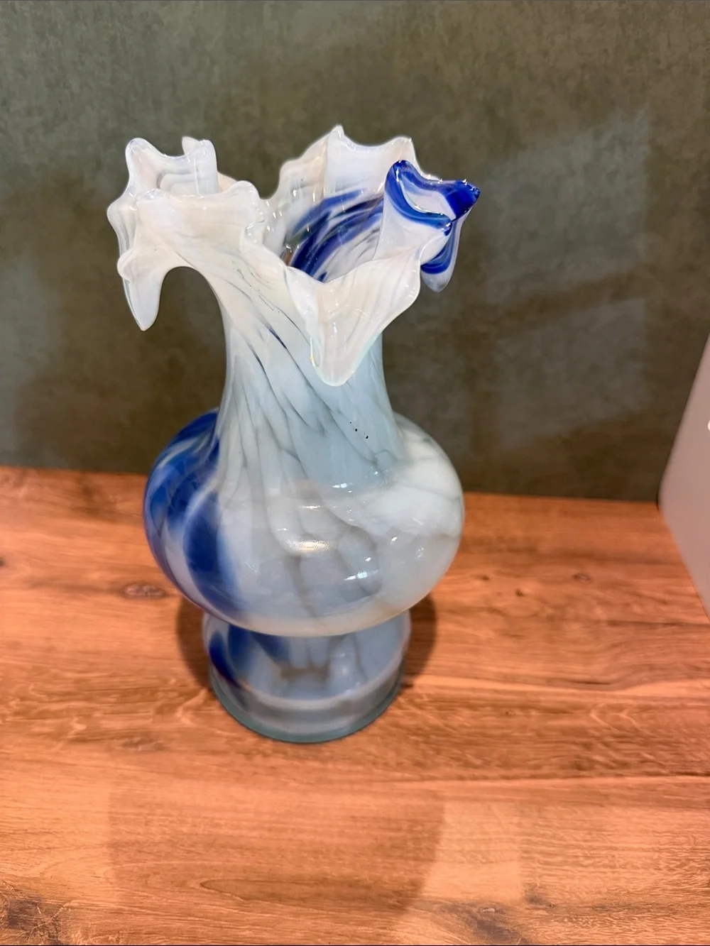 White and Blue Art Glass Ruffled Vase